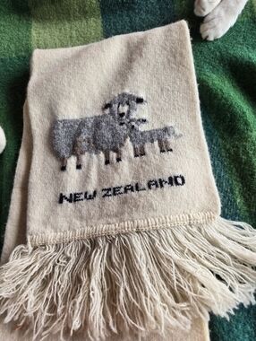 New Zealand Sheep Wool Fringe Scarf - Cream with Gray Accent & Beanie Cap